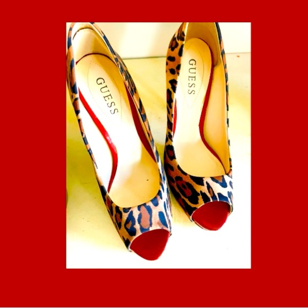 GUESS brand Silky Animal Print & Shiny Patent RED Stilettos w/Peep Toe! HOT!